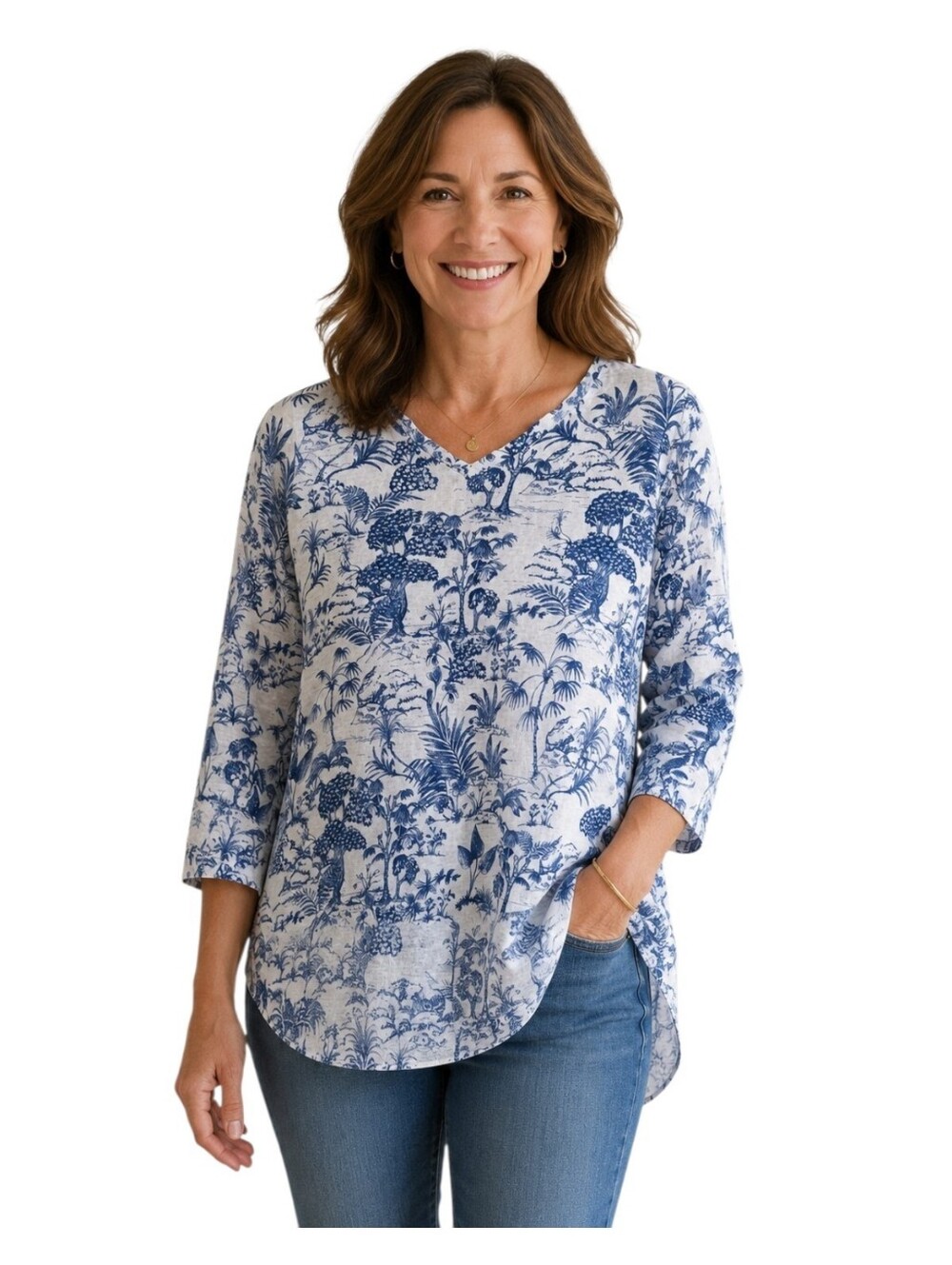 Nicole Miller 100% linen blue and white toile chinoiserie print top 2X Popover